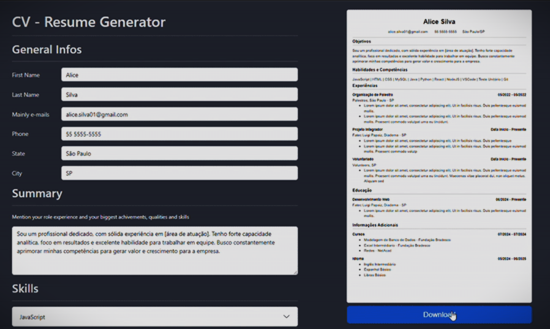 demo website: Site CV Application